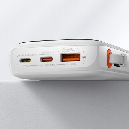 Портативный аккумулятор BASEUS Qpow Pro Digital Display Fast Charge 20W iP Edition, 3A, 10000 мАч, белый, с кабелем Typ - 5